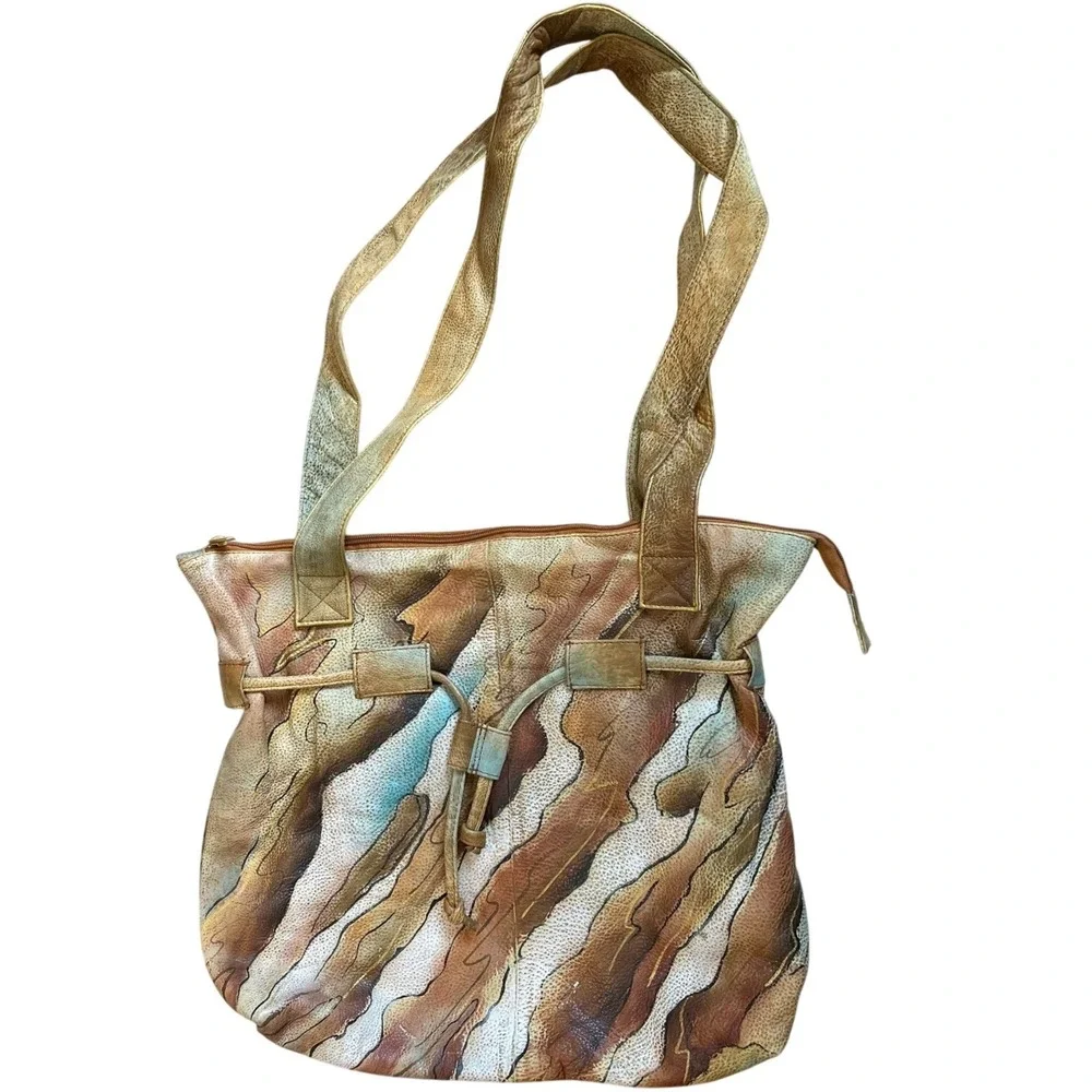 Vintage Hand-Painted Leather Tote Bag Abstract Earth Tone Wave Shoulder Bag